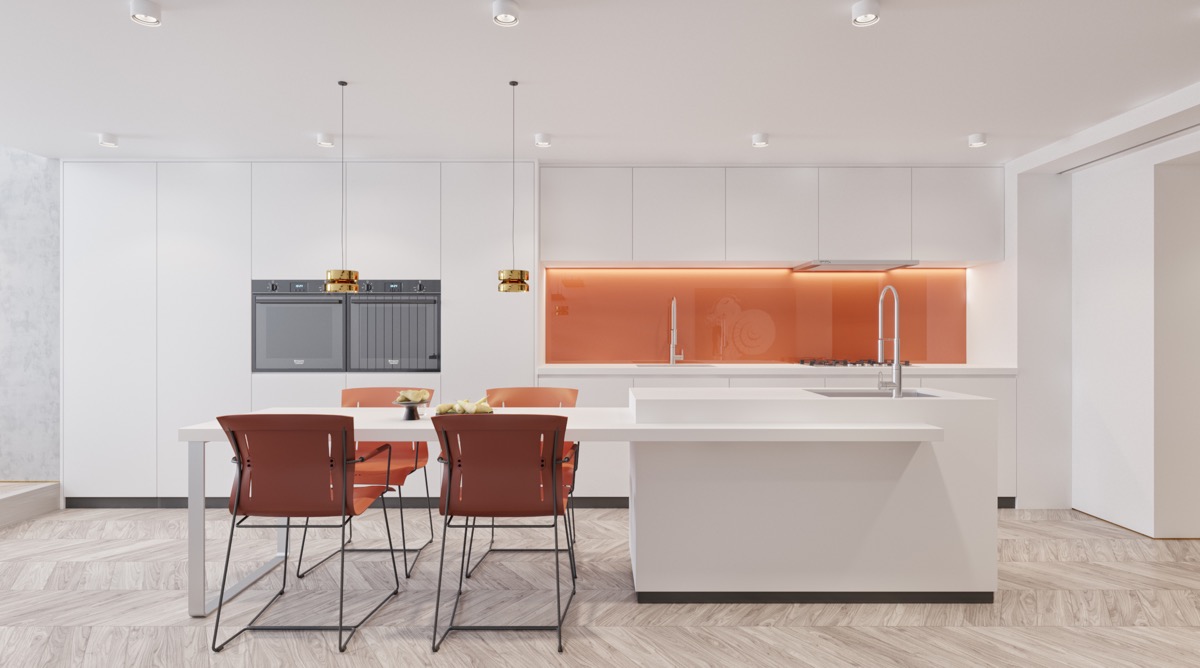 Orange-and-white-kitchen-with-island