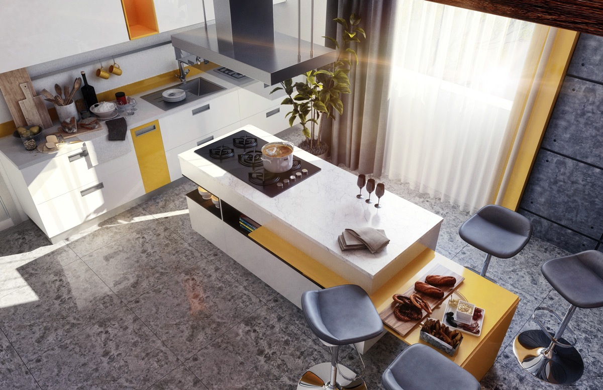 Yellow-white-kitchen-island-with-seating